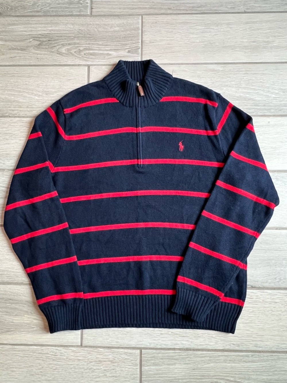 Ralph Lauren Navy & Red Striped Quarter-Zip Sweater